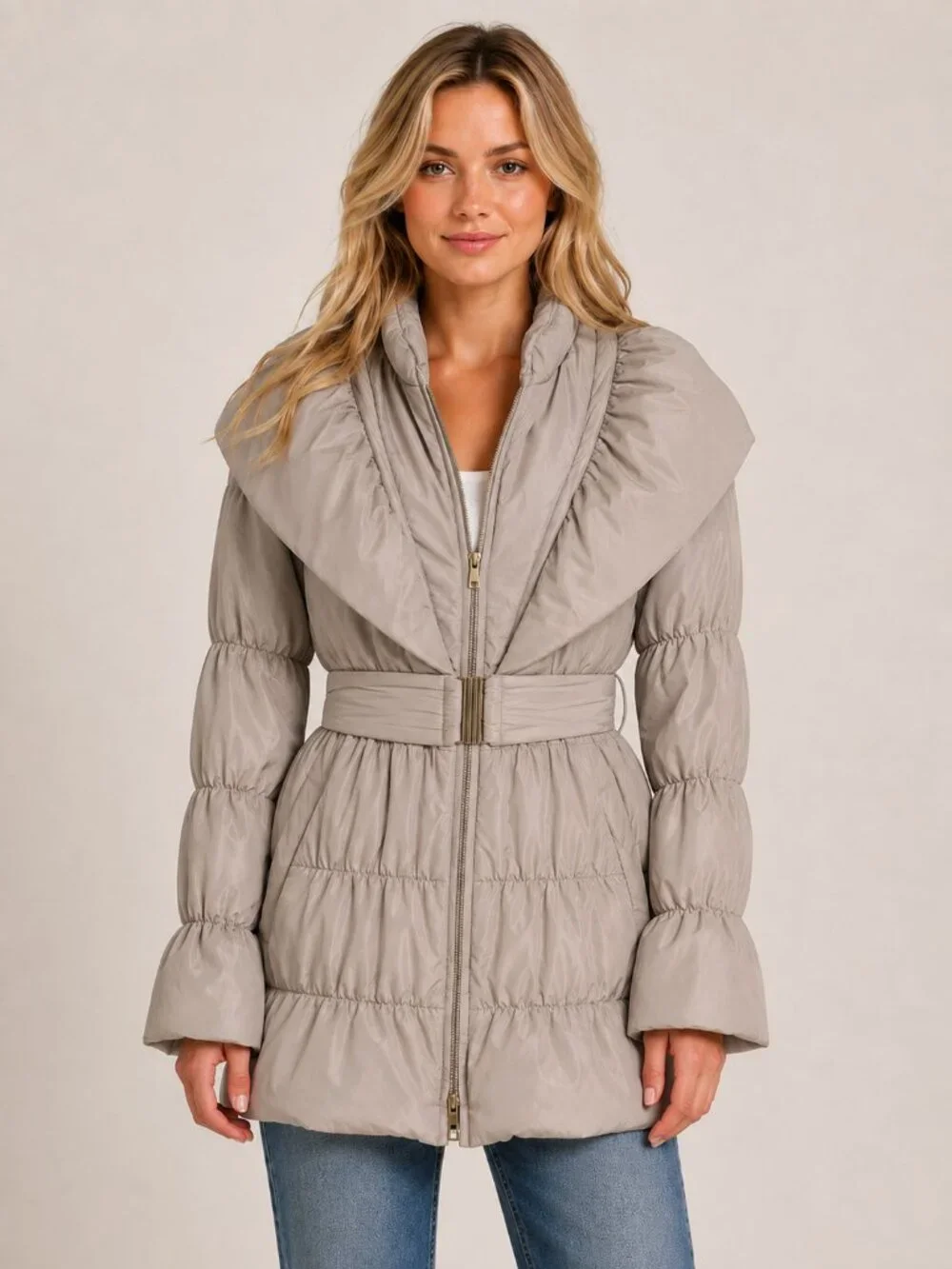 Ryu | Anthropologie Ruffle Puffer Coat Small Beige Belted Fit & Flare Statement
